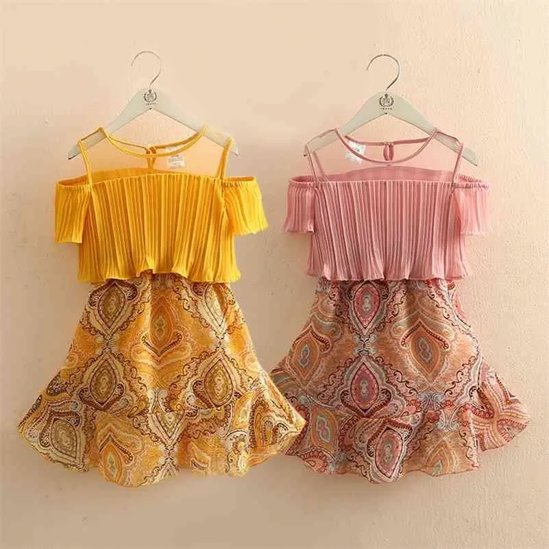 Summer 2-12 Years Teenager Children Ethnic Print Wrap Off Shoulder Little Kids Strapless Beach Chiffon Dress For Baby Girls 210701