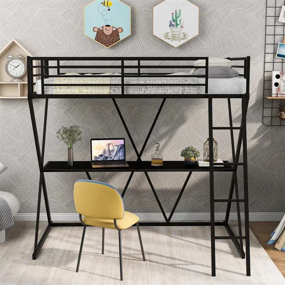 US Stock Bedroom Furniture Twin Loft Bed with Desk, with Ladder and Full-Length Guardrails, X-Shaped Frame, Black SM000223AAB a54
