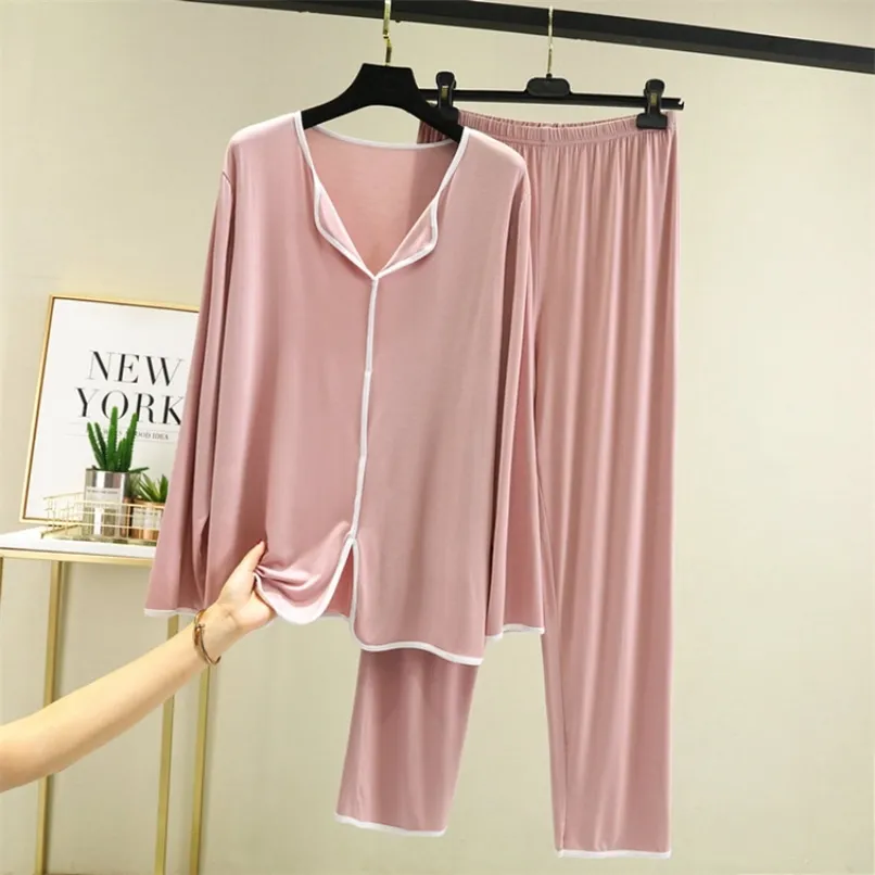 女性のホームスーツ韓国風の綿の寝室ピンクのパジャマのためのピンクのパジャマ女の子ピジャマ長袖PJSセットホームウェア211112