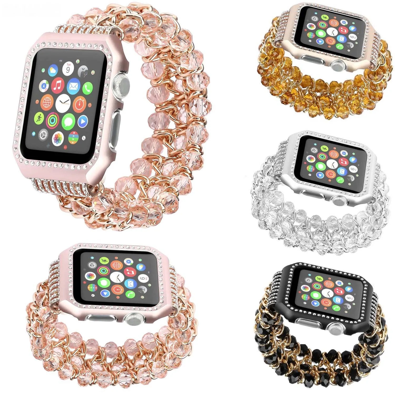 2 I 1 Crystal Pärlor Titta på remmar Diamond Case för Apple Watchband Ultra 49mm 38mm 40mm 41mm 45mm 42mm 44mm Colsty Retro Pärled Stretch Elastic Band Iwatch 8 7 6 SE 5 4 3