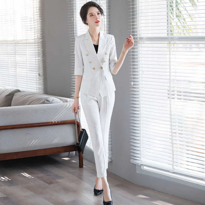 Bahar Profesyonel kadın Pantolon Suit Kadınsı Rahat Çizgili Zarif Bayanlar Blazer Ceket Şık Ofis Seti Yüksek Kalite 210527