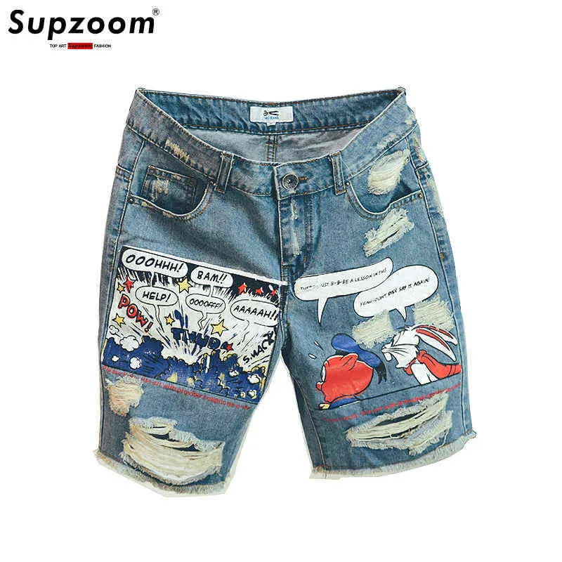 Arrivée Mode Hommes Jeans Imprimer Lumière Jean Shorts Hommes Ulzzang Été Motif Longueur Zipper Fly Stoashed 211120