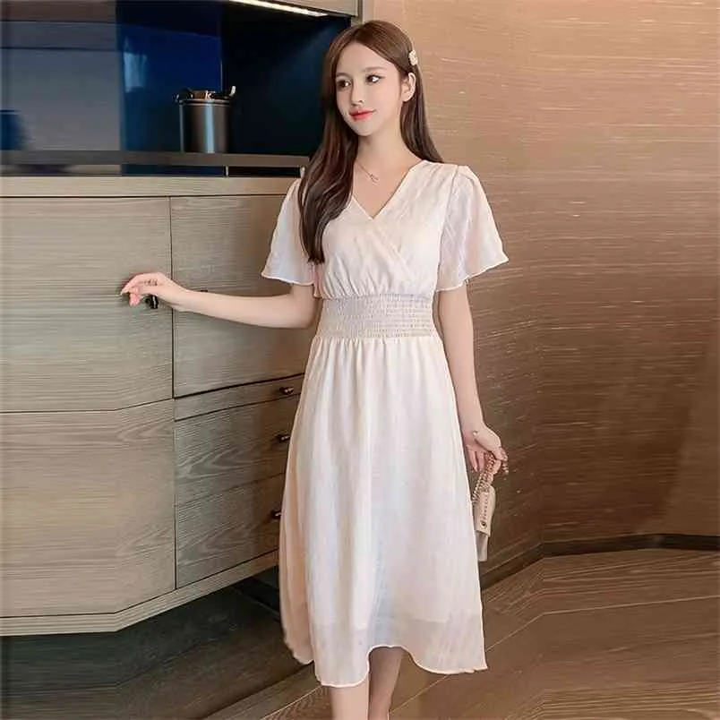 Women's Dresses Solid Summer V-neck Midi French Double Layer Patchwork Dress Temperament Japan Woman Plus Size Vestidos LS375 210506