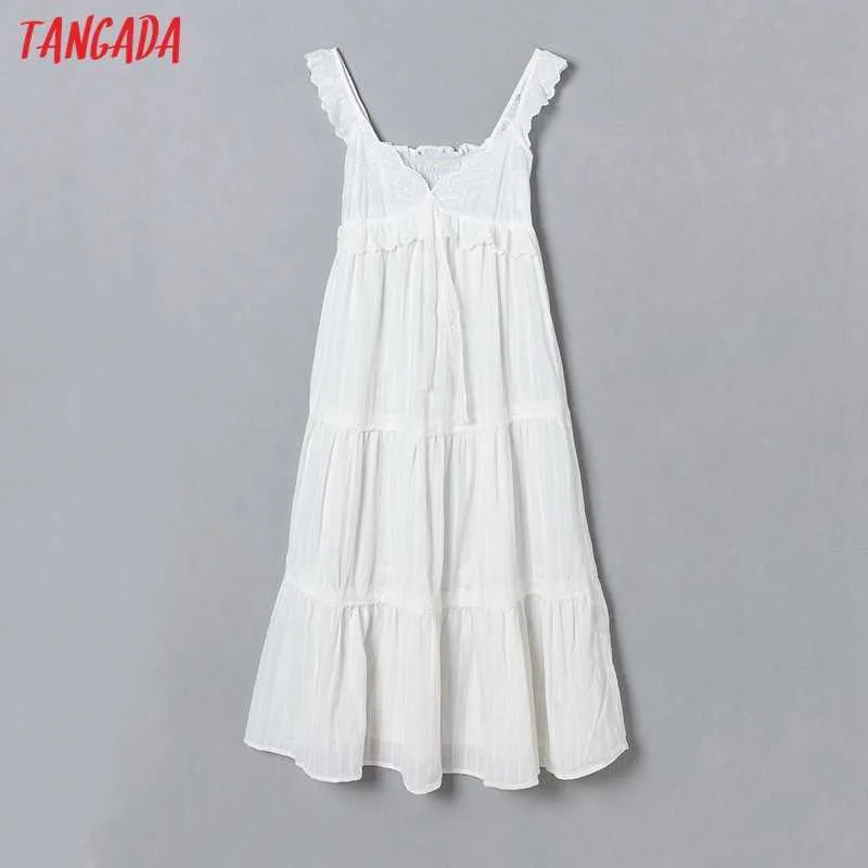 Tangada Fashion Women Flowers Embroidery White Strap Dress Sleeveless Backless Female Casual Beach Sundress 6H40 210609