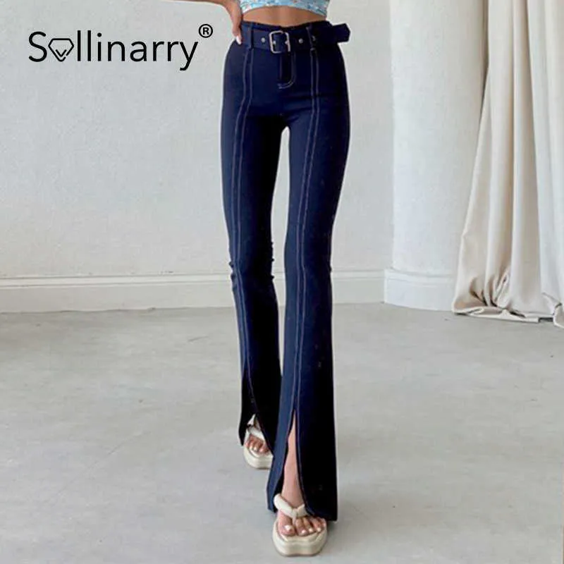 Sollinary 2021 Automne High Wasit Pantalons longs Femmes High Street Lady Ceinture Bas Mode Pantalon Jambe Split Rayures Pantalon Skinny Q0801