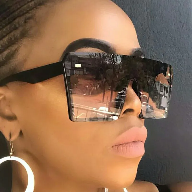 Moda de óculos de sol de grandes dimensões gradiente de estrutura de sol de grande estrutura para mulheres uma peça Gafas Shade Mirror Lens Clear