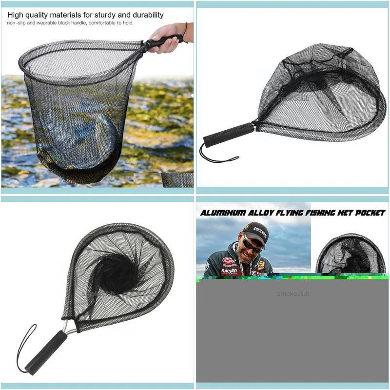 Fishing Accessories Portable Black Aluminum Alloyfly Net Folding Line Tackle Fish Fishnet Durable Dip Cage E7u1