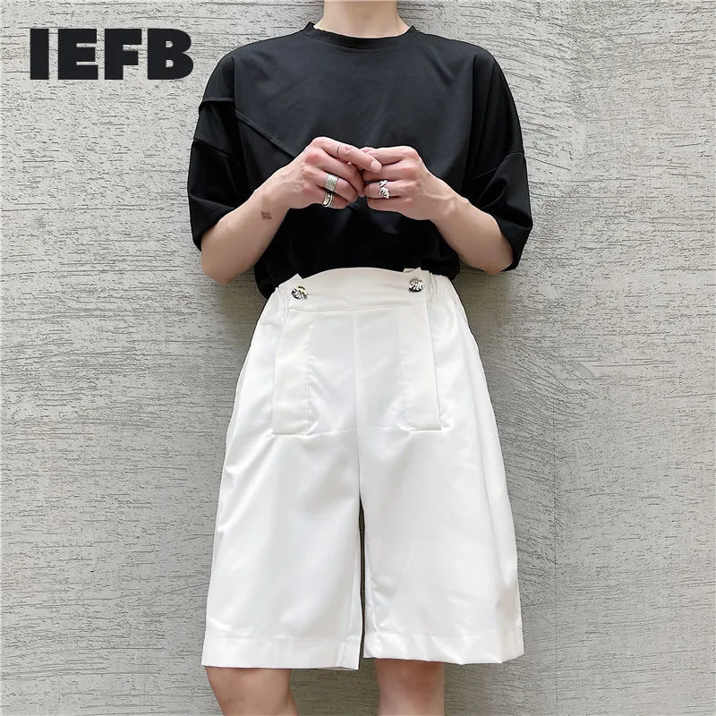 IEFB summer trend fashion personal design double button placket Suit Shorts black white wide leg knee length pants 210524