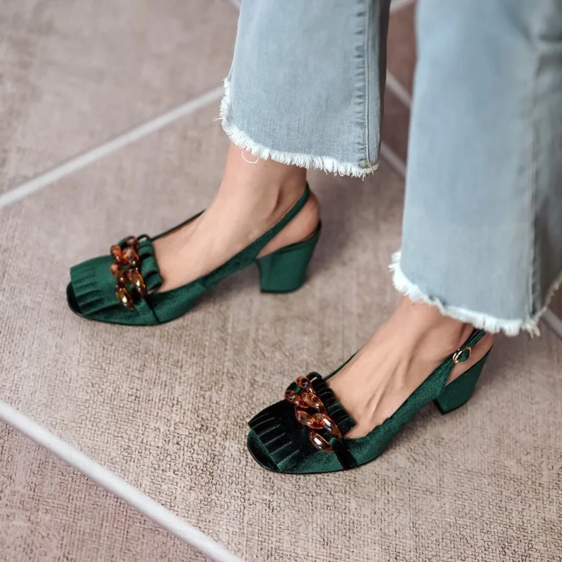 Green Slingbacks Lady Dress Shoes Fashion Designer Fringe Velvet High chunky heel Women Pumps