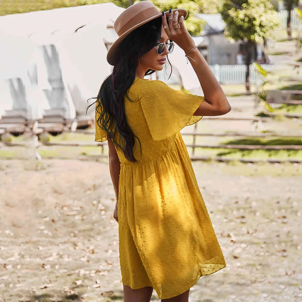 Summer Vintage Solid Chiffon Maternity Dress for Women Casual Yellow Short  Sleeve V-Neck Flutter Sleeve from Dhgate Maternity Dresses