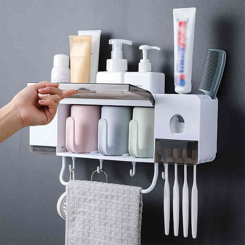 Wall Mounted Toothbrush Holder With Cups Automatic Toothpaste Squeezer ...