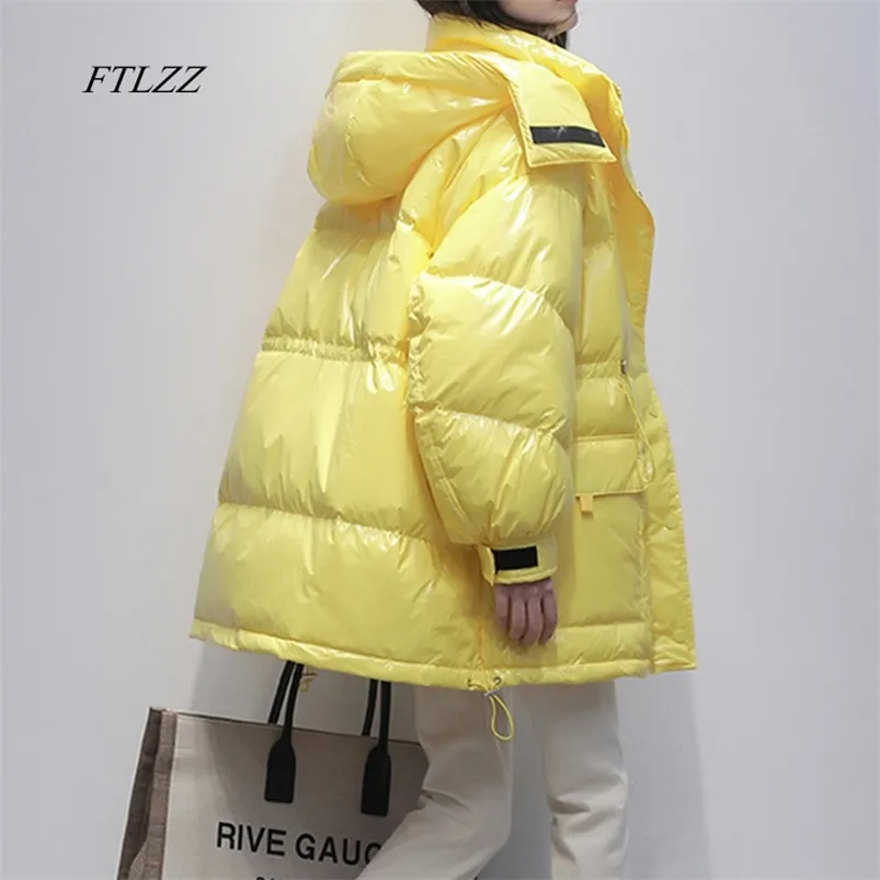 White Duck Down Jacket Winter Bright Loose Coat Women Snow Clothes Warm Mid-long Parka Waist Tie-wraps Oversize Outwear 210430