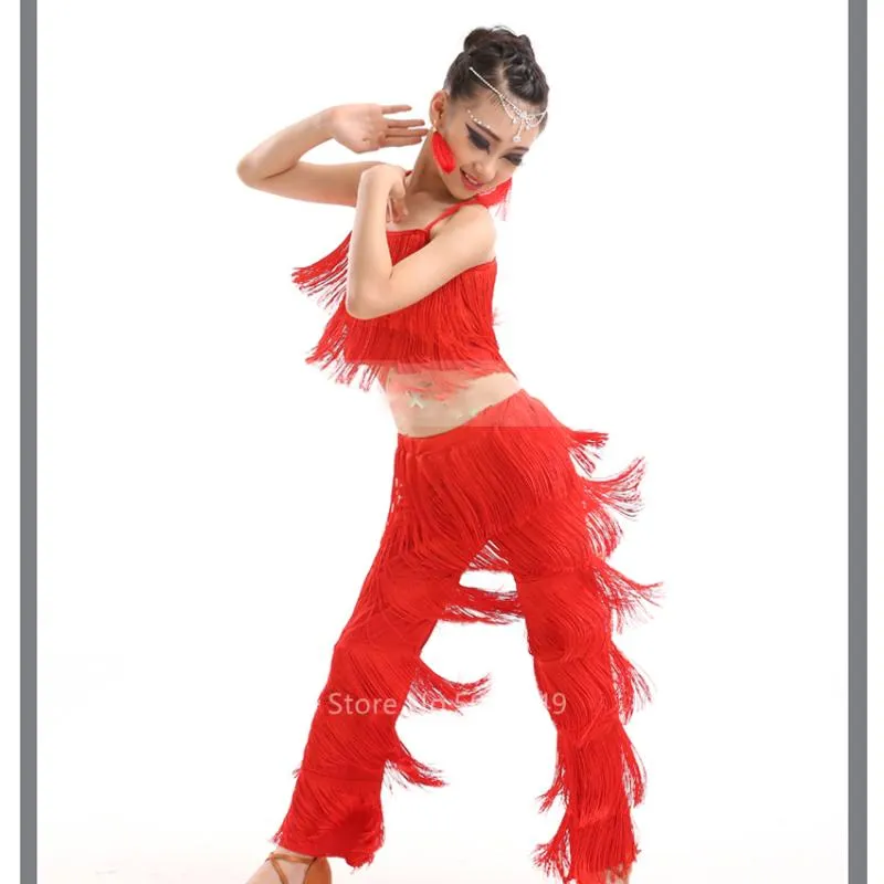 Odzież sceniczna sukienki do tańca latynoskiego sala balowa Fringe sukienka z frędzlami spodnie cekiny Salsa Samba kostium dla dzieci dzieci dziewczyny wysokość 110 -170cm310d