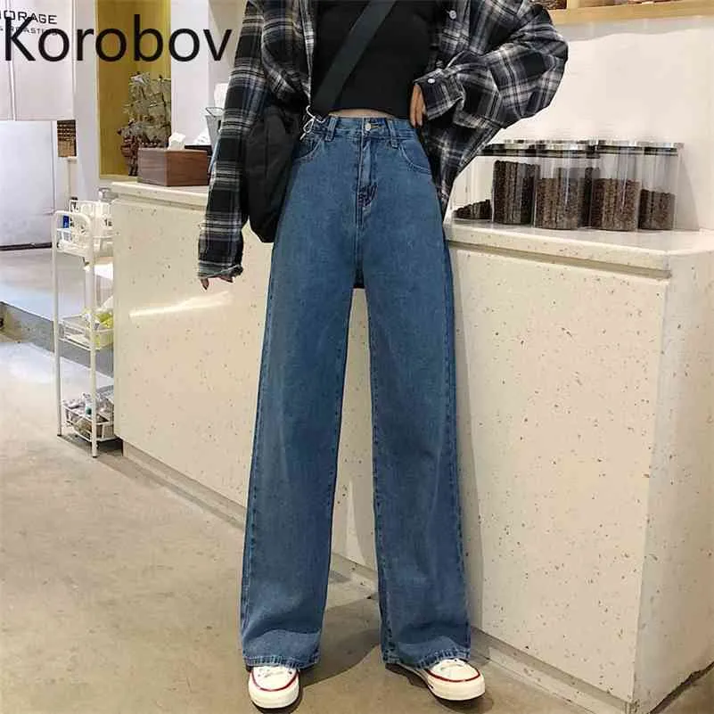 Korobov Summer New Arrival Women Denim Pants Streetwear High Waist Wide Leg Pants Korean Preppy Style Jeans 210430