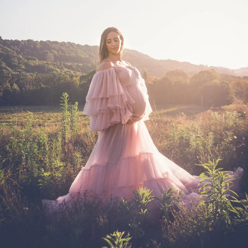 Ropa De Mujer 2021 Blush Pink Tulle Abiti da sera da donna maniche lunghe Ruffles See Thru A-line Abiti da festa per eventi formali