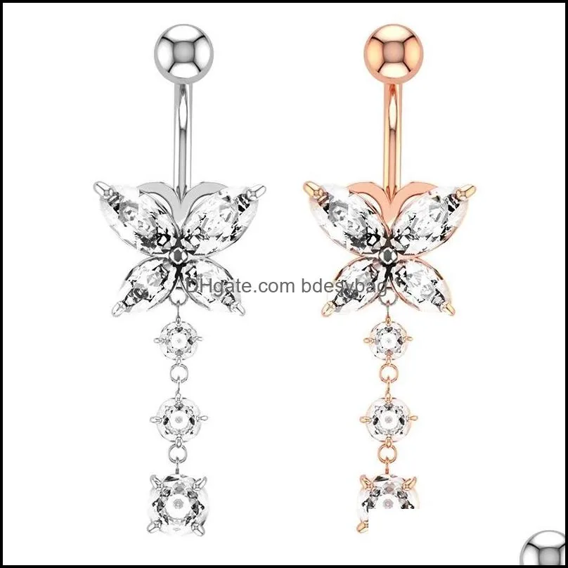 Jewelryshiny Butterfly Women Belly Ring Beautif Piercing Body Jewelry Navel Bell Button Rings Crystal Gold Sier Drop Delivery 2021 GWF9P