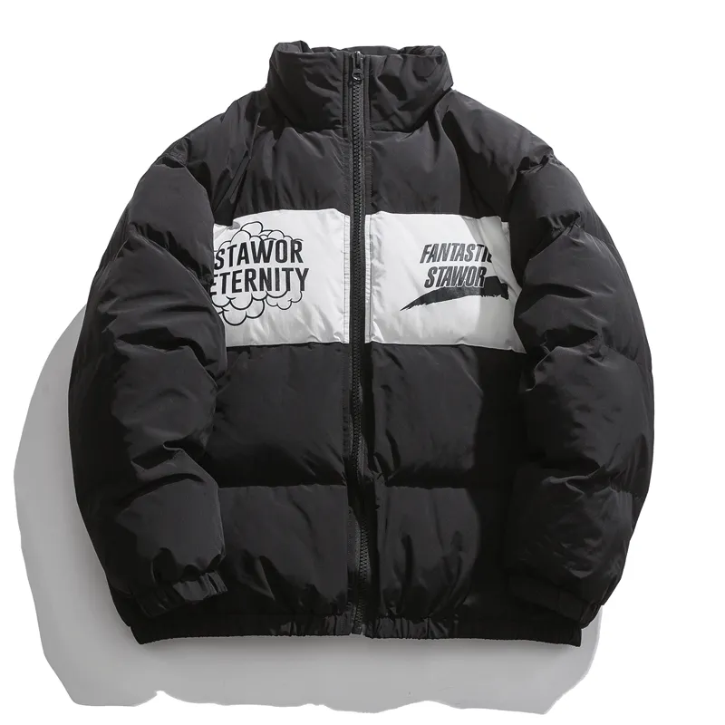 Herren Vintage Hip Hop Down Parka - Streetwear Bubble Jacke mit Buchstabendruck, Haruku -Stil, dicker lässiger, lockerer Passform, Reißverschlussschließung