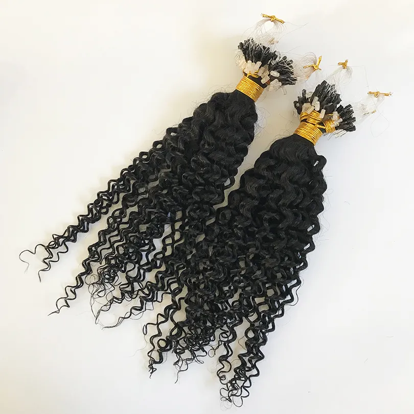 Loop Micro Ring Hair Extension Afro Kinky Curly Indian Human Hairs 100 Strands Naturfärg 1g / s