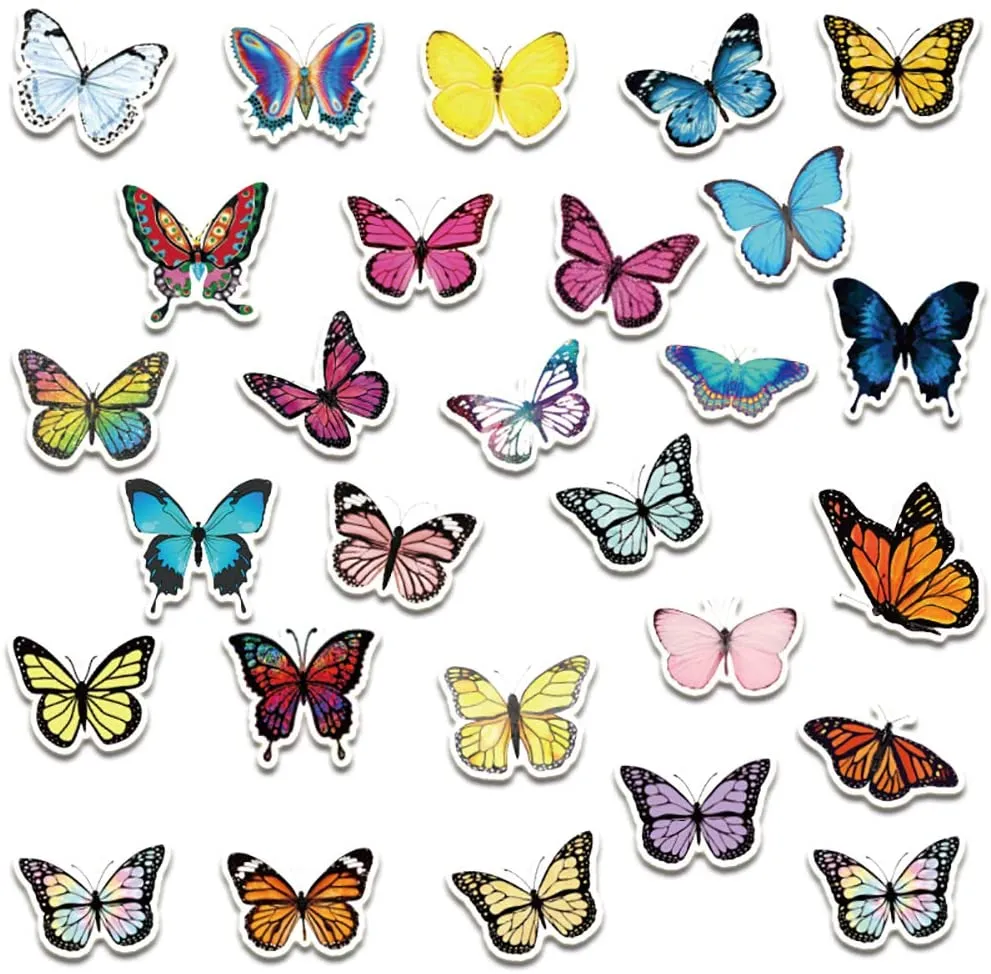 50Pcs-Pack Butterfly Colorful Vinyl Sticker Waterproof Stickers Bottle Laptop Car Planner Journal Scrapbooking Phone Bike Guitar Wall Skateboard Box Decal