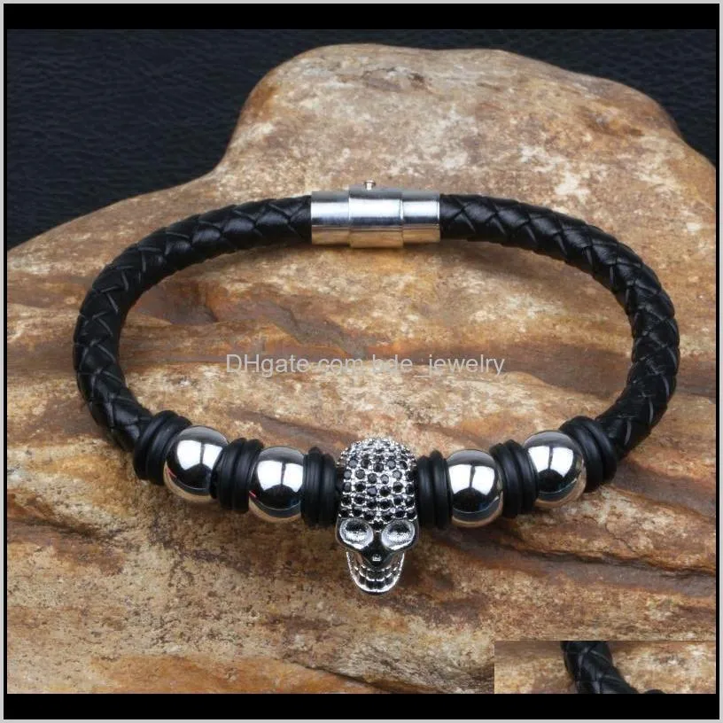 new leather bracelet men stainless steel cubic zircon charm bracelets retro style magnet clasp male wristband jewelry