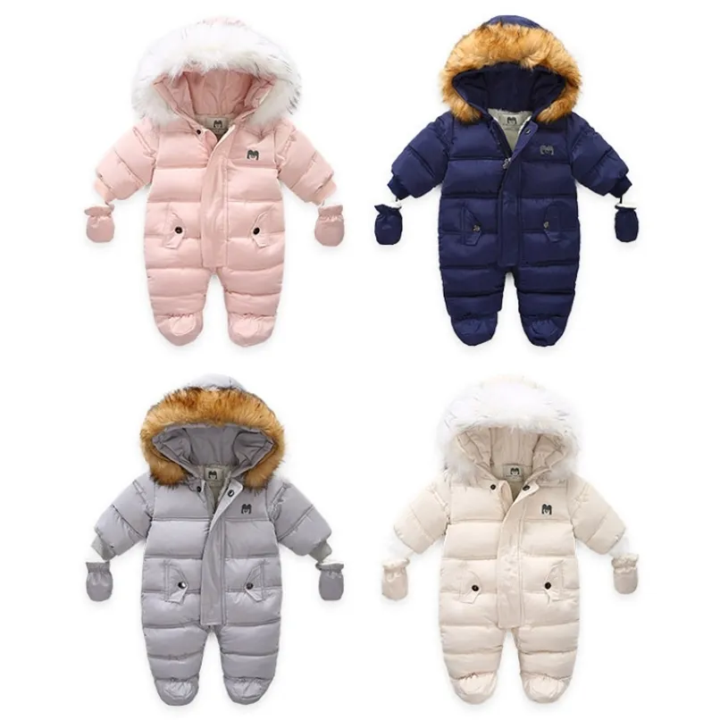 -30 grad ryska vinter baby snöar tjocka hooded bomull pojkar rompers födda tjejer jumpsuit toddler snö kostym 211011