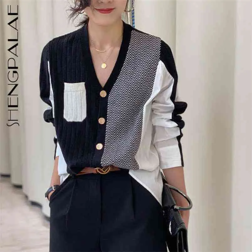 patchwork knitted tops women's spring V-neck loose single breasted long sleeve irregular shirt female 5C266 210427