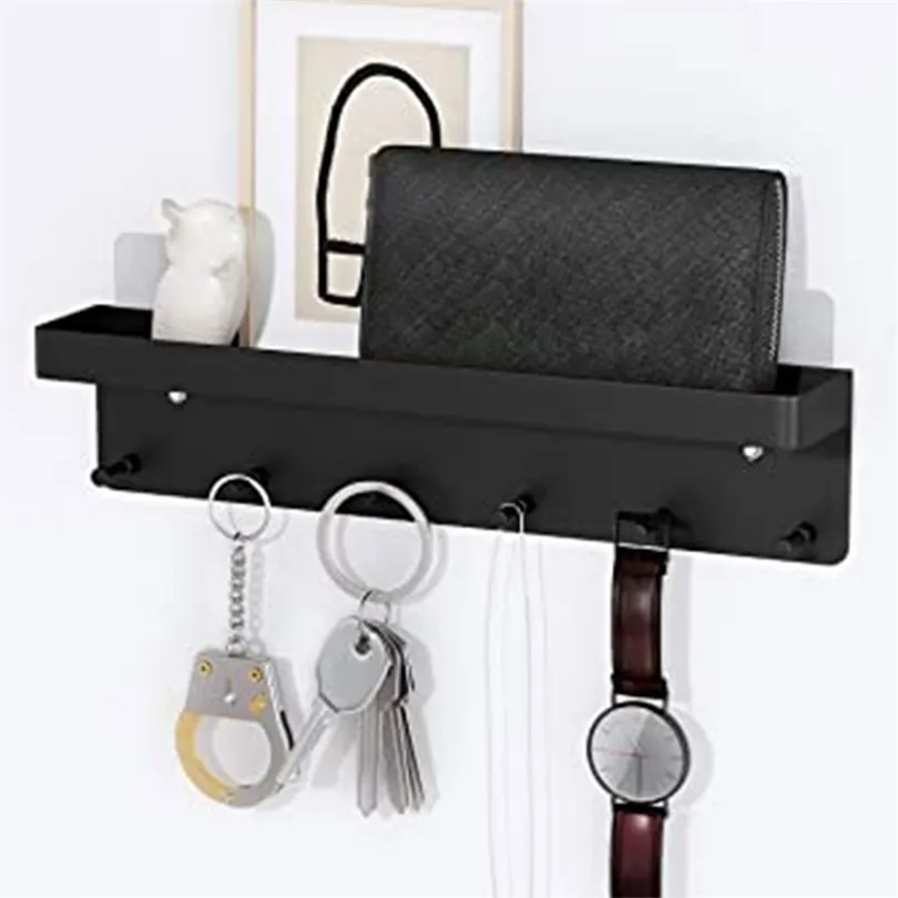 Väggmontering Nyckelhållare Hängande hylla Rackhängare Metal Mail Arrangör med 6 krokar för Entryway Office Black 211102