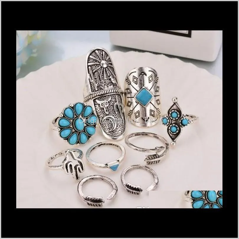 bohemian knuckle ring sets 9 pcs set antique silver alloy turquoise arrow ring sets for girls/ladies