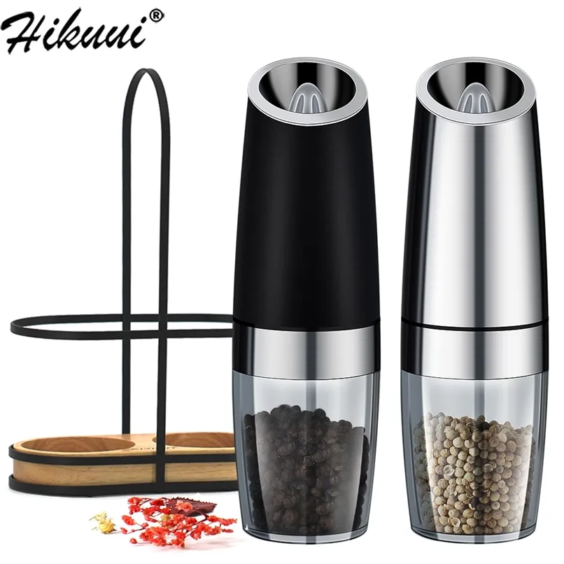 Automatic Salt Pepper Mill Grinder Electric Stainless Steel LED Light Gravity Operated Mills Kitchen Spice Tools Set for Cooking 210712