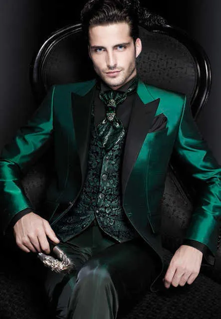 Ultimo design italiano verde uomo abiti in raso slim fit formale sposo vestito da ballo smoking maschile cappotto 3 pezzi blazer giacca + pantaloni + gilet