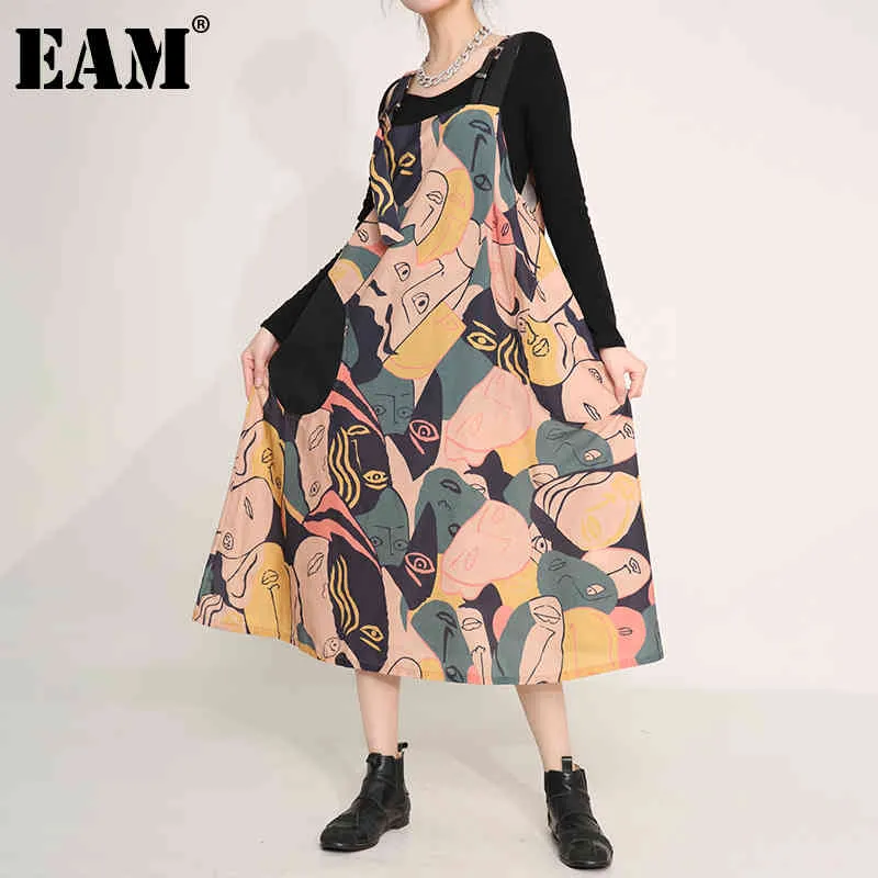 [EAM] Women Yellow Pattern Printed Midi Big Size Strap Dress Sleeveless Loose Fit Fashion Spring Autumn 1DD536107 210512