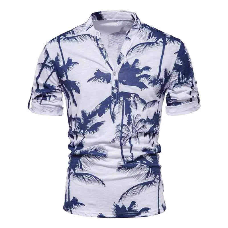 AIOPESON Hawaii Style T-Shirts Men Summer Casual Stand Collar 100% Cotton s T Shirt Fashion High Quality Clothing 210629