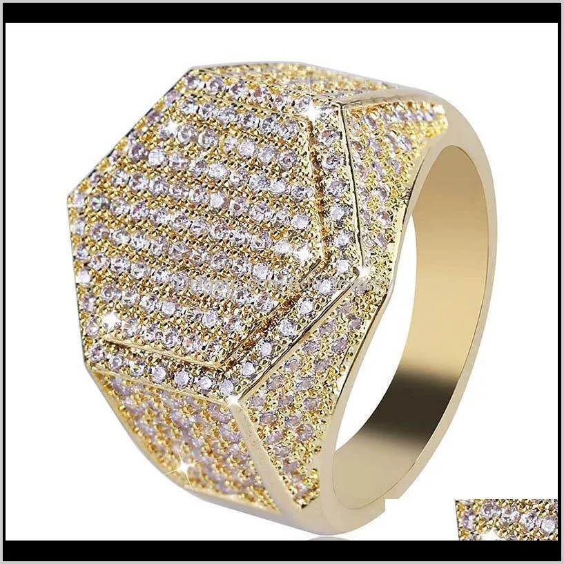 Solitaire ringar smycken hopp mode hexagon koppar guld sier färg pläterad iced out micro pave cubic zircon charm ring för män kvinnor droppe d