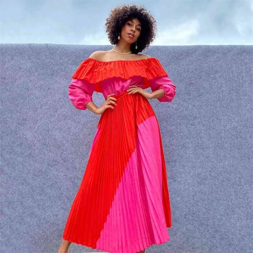 Autunno Womens Dress Vintage Long Maxi Ladies Slash Neck Sleeve Loose Rosso Rosa Colore a contrasto es Vestidos 210517