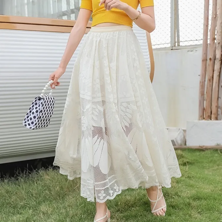 Elegant High Waist Long Skirt - Korean Fashion Lace Fairy