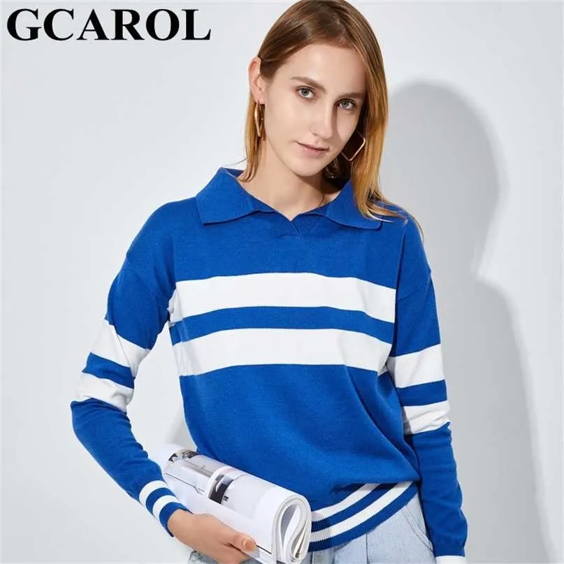 Gcarol Jesień Zima Turn-Down Collar Paski Jumper 30% Wełny Przystojny Ciepły Krótki Koszulka Koszulka Przyjazna skórę Sweter Polo 211011