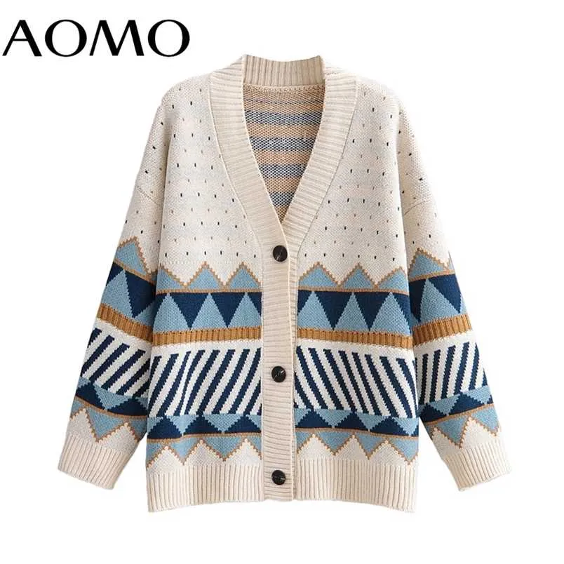 AOMO Autumn Winter Women Geometry Knitted Cardigan Sweater Jumper Button-up Female Tops 1F313A 211007