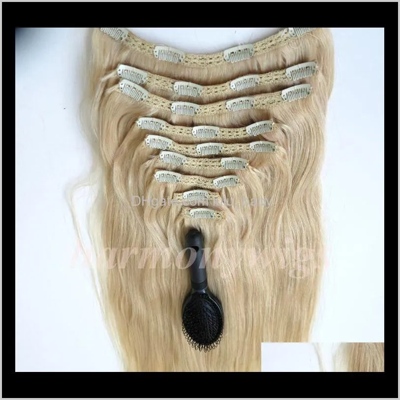 320g 9pcs/1set clip in hair extensions 20 22inch #60/platinum blonde brazilian indian remy human hair extension