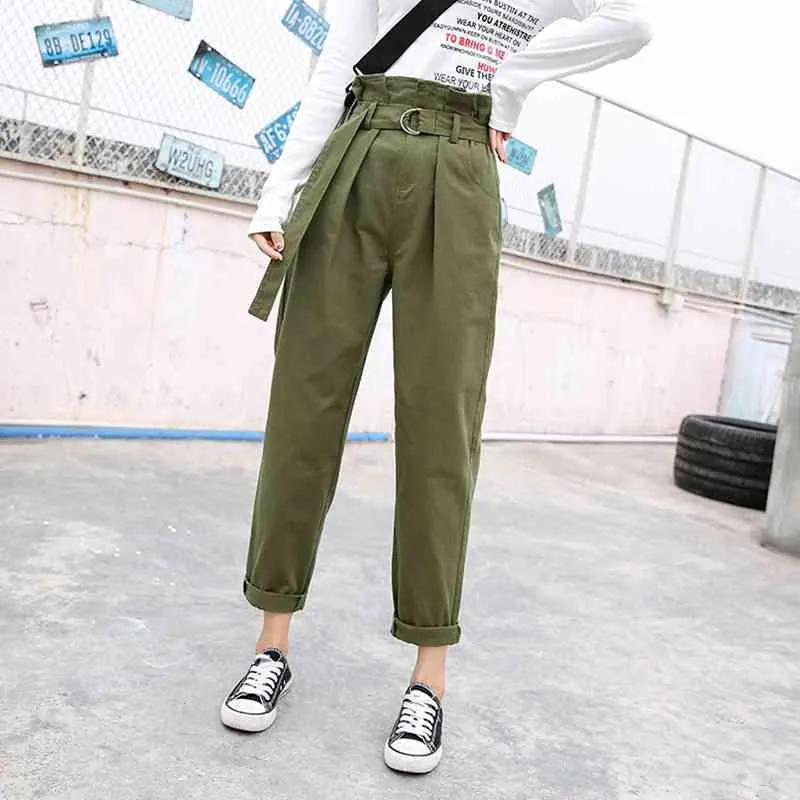 White Green belt trousers women Casual pants Female loose work high waist suit Sexy straight sash patalon bottom 210514