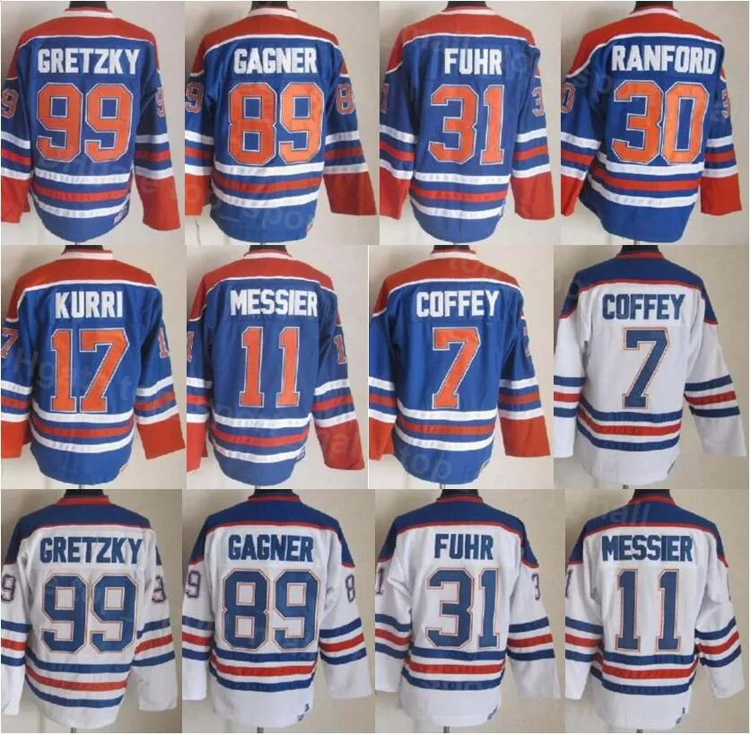 빈티지 레트로 아이스하키 31 Grant Fuhr 저지 99 Wayne Gretzky 11 Mark Messier 30 Bill Ranford 7 Paul Coffey 89 Sam Gagner 17 Jari Kurri 스티치 블루 화이트 YouGong