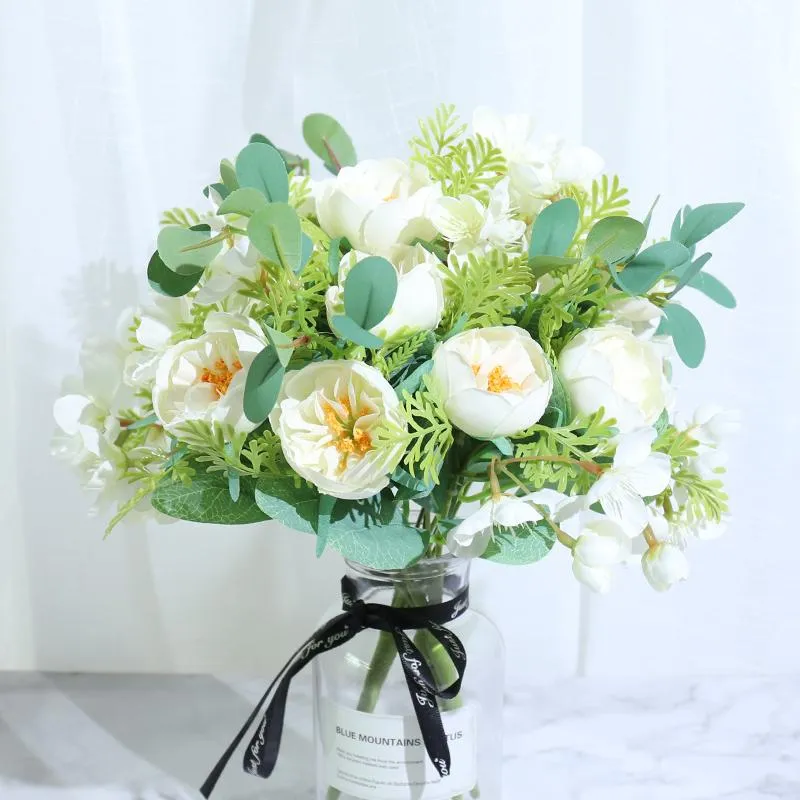 Decorative Flowers & Wreaths White Rose Artificial High Quality Peony Bouquet For Christmas Home Wedding Decoration DIY Craft Silk Fake