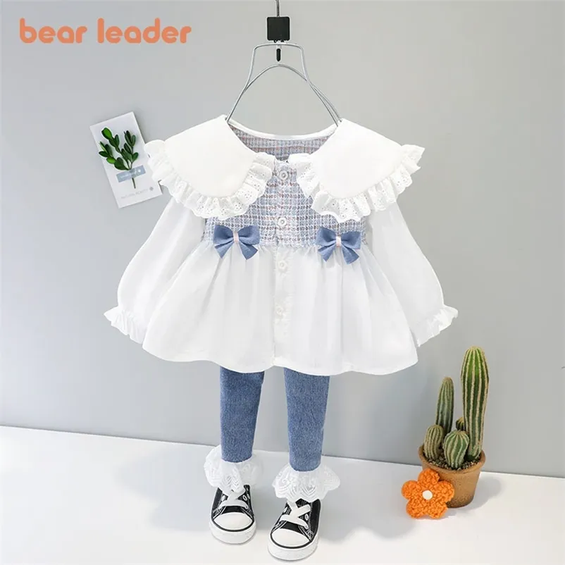 Baby Set Girl Lace Fold Clothes Fashion Top Denim Jeans Trousers Children born Costume 1 2 3 4 Years 210429