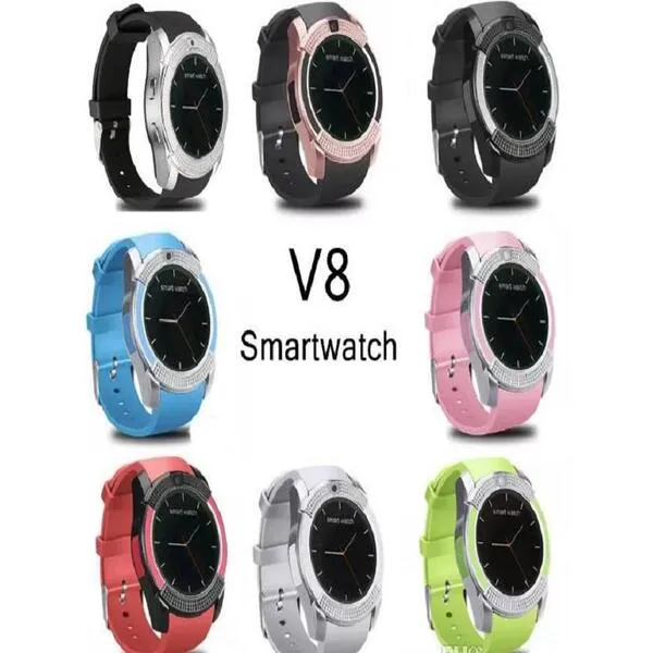 V8 Smart Watch Wristband com 0.3m Camera Sim IPS HD Relógios de exibição de círculo completo para sistema Android com caixa de fitness rastreador