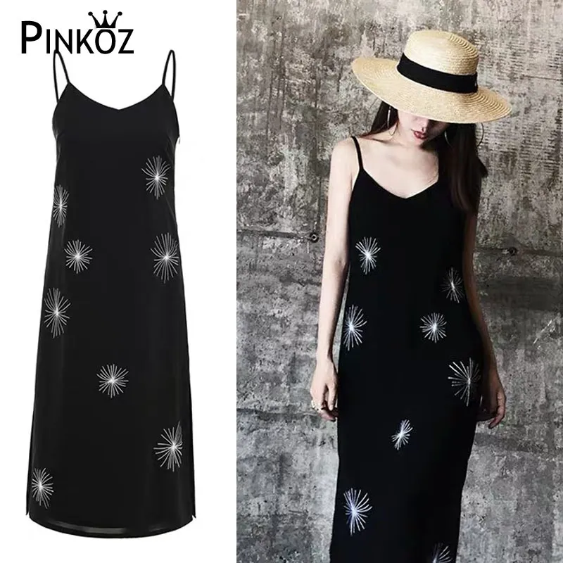 Black chiffon midi dress spaghetti strap V-neck summer sun robe floral ...