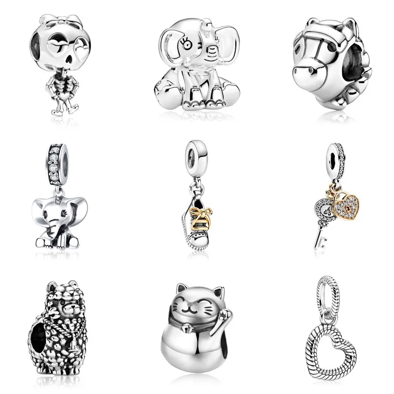 Fit Pandora Charm Bracelet Européen Argent Charmes Perles Double Coeur Cristal Balancent Fortune Chat DIY Chaîne De Serpent Pour Les Femmes Bracelet Collier Bijoux