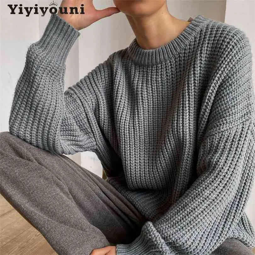 Yiyiyouni Vintage Übergroße Gestrickte Pullover Frauen Elegante Dicke Lose Pullover Weibliche Koreanische Mode Solide Tops 210922
