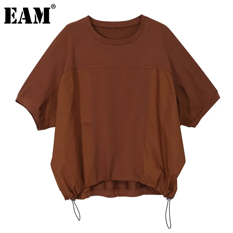 [EAM] Femmes Jaune Marron Grande Taille Plissé Casual T-shirt Col Rond Manches Courtes Mode Printemps Été 1DD6745 210512