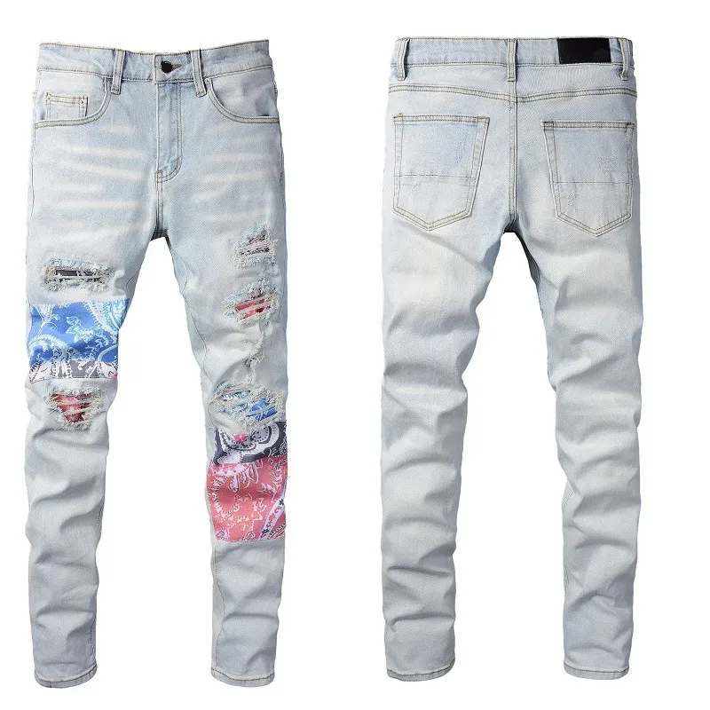 Pantalones vaqueros para hombre de alta calidad con estampado de parches con agujeros para motociclista desgastados Rock Skinny Slim Ripped Knee zipper Denim pants347t