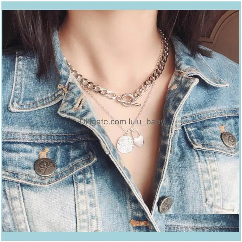 Chains Multi-layer Cuban Link Chain Heart Pendant Lock Necklace Hip-hop Cool Handsome Clavicle Exaggerated