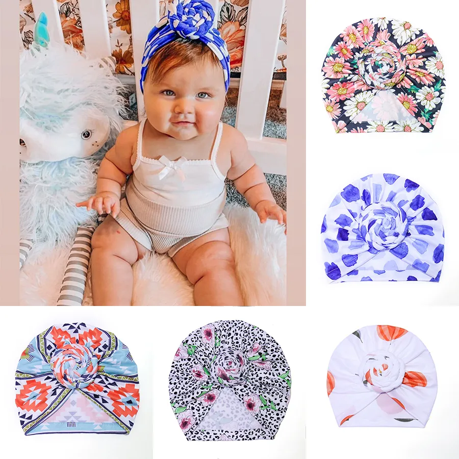 Print Toddler Cap Girl Flower Cotton Soft Baby Turban Headband Hats Handmade Elastic Head Wrap Newborn Hair Accessories M3468